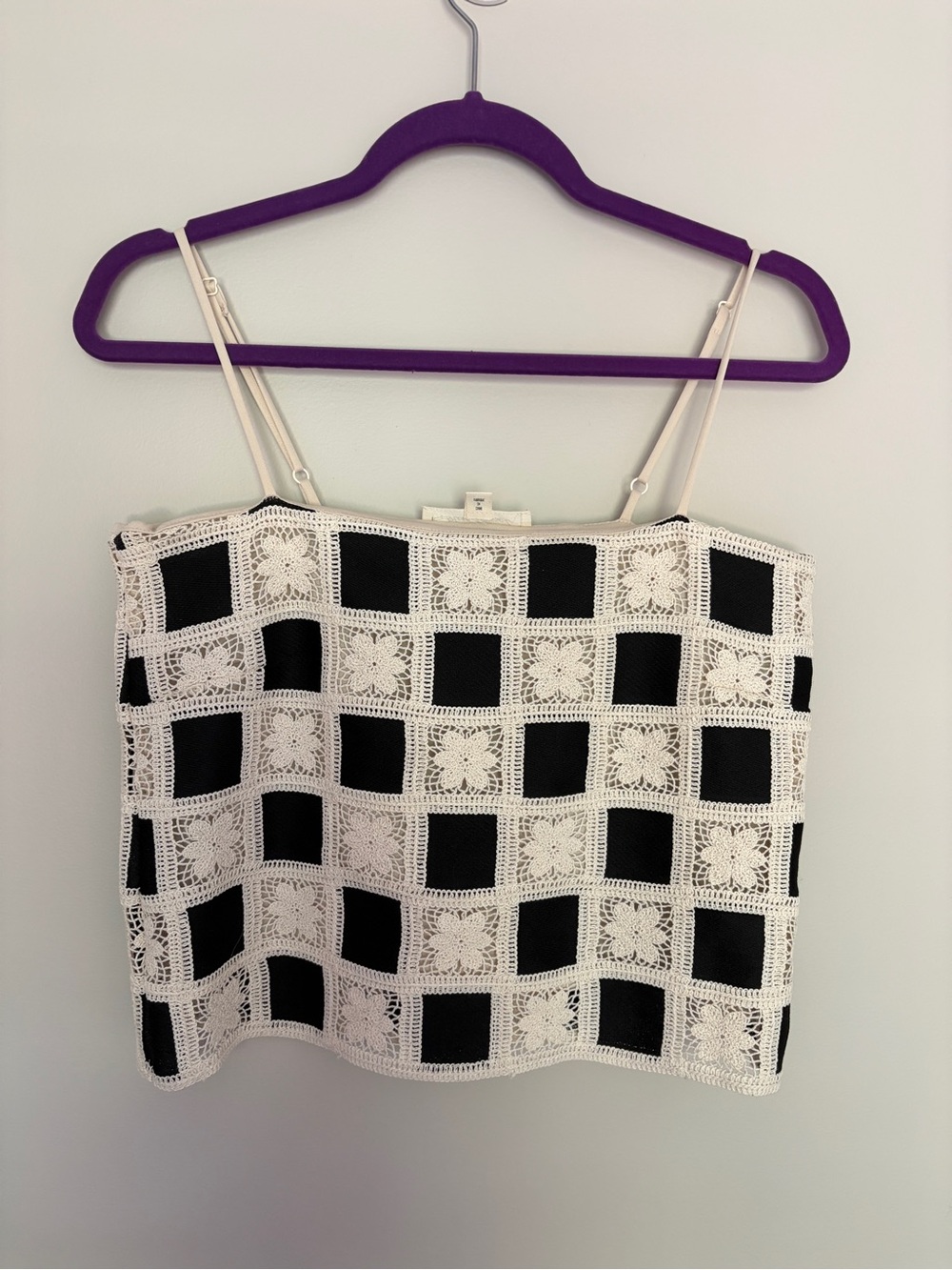Crochet Square-Panel Spaghetti Strap Tank Top in Black and Cream